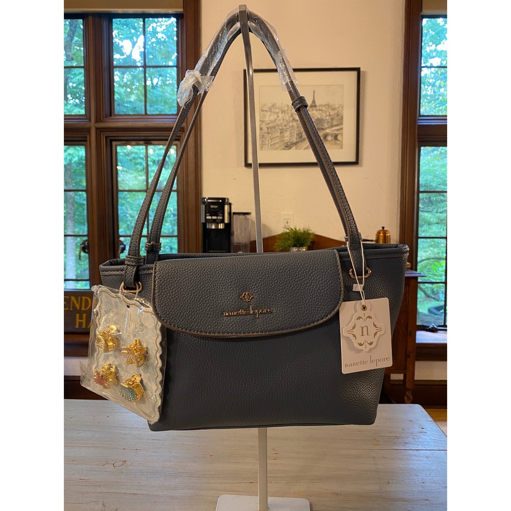 Nanette Lepore Slate Blue Pebbled Faux Leather Tote Bag with Pins NEW